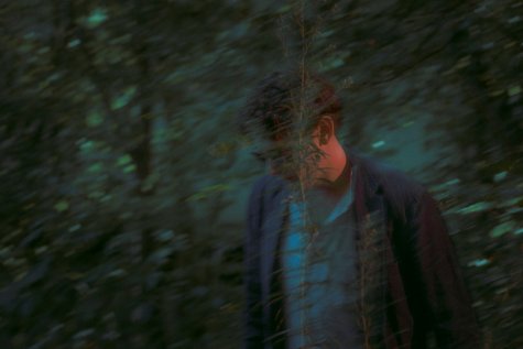 Die Fotografie zeigt einen Mann in Hemd und Sakko, der scheinbar durch einen Wald läuft. Das Bild wurde in Bewegung aufgenommen, was einen verzerrenden Effekt erzeugt.