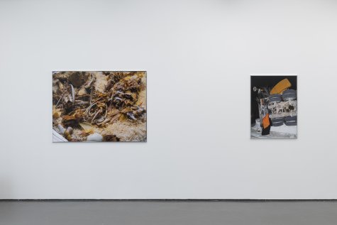 Die Ausstellungsansicht zeigt zwei großformatige Fotografien, die aus frontaler Perspektive nebeneinander eingerahmt aufgehängt sind. Auf dem linken Bild sind Knochenüberreste inmitten von Wolle zu sehen. Das rechte Bild zeigt eine schwarz gekleidete Frau mit orangefarbener Burka von hinten. Sie steht vor einem umgefallenen Lastwagen, der aus der Dunkelheit herausragt.
