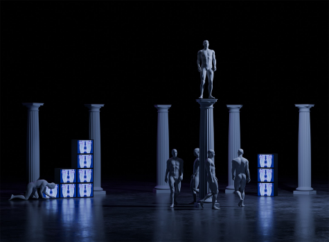 Ein animiertes Bild zeigt vier Personen, die im Kreis um eine zentrale Säule herumlaufen. Auf dieser Säule steht eine fünfte Person in aufrechter Haltung. Die Szene wird von insgesamt fünf Säulen eingerahmt. Am linken Bildrand ist eine sechste Person zu sehen, die kriechend dargestellt ist.