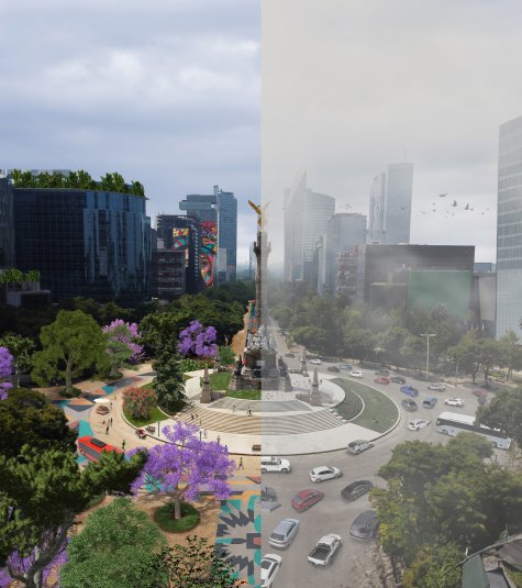 Zweiteiliges Bild bei dem links Mexiko-Stadt zu sehen ist und rechts diesselbe Stadt aber mit computergenierten Gras- und Waldflächen.