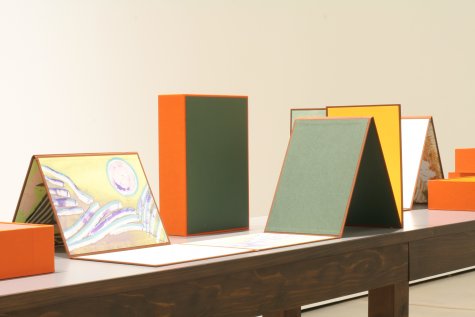 Jörg Baier
Jörg Baier ist ein Bildender Künstler und arbeitet auf Papier mit Malerei, Zeichnung, Collage und Fotogramm. Das Künstlerbuch stellt eine Erweiterung seiner Bilder in den Raum dar. Seine Bücher, im Wesentlichen sind es Leporellos mit Aufbewahrungsbox, lassen sich aufklappen und in unterschiedlichen Konfigurationen entfalten. Sie bilden sowohl zusammengesetzte und variable Landschaften und Architekturen als auch Modelle für monumentale Bühnenbilder.