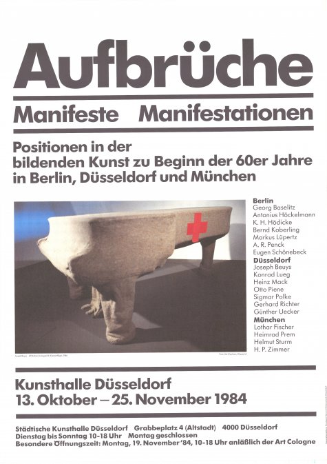 Aufbrüche. Manifeste, Manifestationen. Positionen in der bildenden Kunst zu Beginn der 60er Jahre in Berlin, Düsseldorf und München
Berlin: Geor Baselitz, Antonius Höckelmann, K. H. Hödicke, Bernd Koberling, Markus Lüppertz, A. R. Penck, Eugen Schönebeck; Düsseldorf: Joseph Beuys, Konrad Lueg, Heinz Mack, Otto Piene, Sigmar Polke, Gerhard Richter, Günter Uecker; München: Lothar Fischer, Heimrad Prem, Helmut Sturm, H. P. Zimmer
12.10. – 25.11.1984