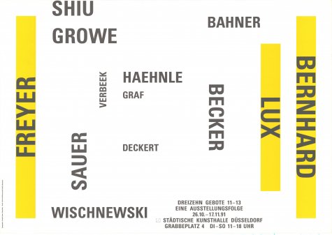 Dreizehn Gebote 11-13
Eine Ausstellungsfolge von Meisterschülern der Kunstakademie Düsseldorf. Christine Bernhard, Lutz Freyer, Stefan Lux
26.10. – 17.11.1991