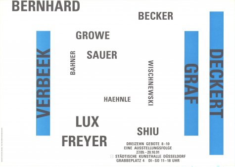 Dreizehn Gebote 8-10
Eine Ausstellungsfolge von Meisterschülern der Kunstakademie Düsseldorf. Christian Deckert, Hanswalter Graf, Jan Verbeek
27.9. – 20.10.1991