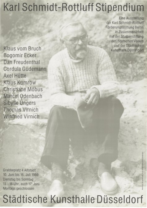 Karl Schmidt-Rottluff-Stipendium
Klaus vom Bruch, Dan Freudenthal, Bogomir Ecker, Cordula Güdemann, Axel Hütte, Klaus Kumrow, Christinane Möbus, Marcel Odenbach, Sibylle Ungers, Thomas Virnich, Winfried Virnich
10.6. – 16.7.1989
