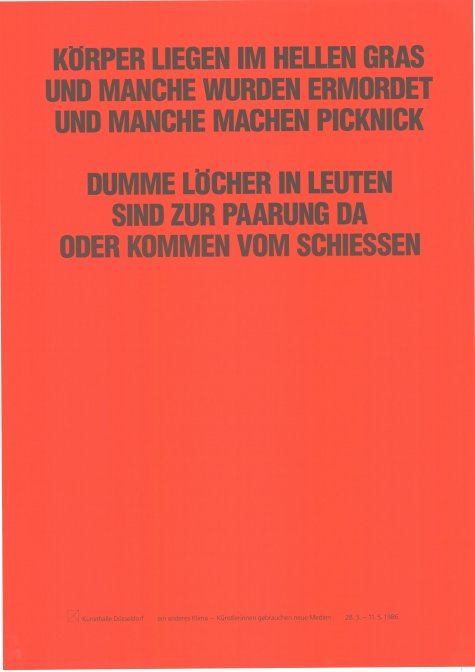 Künstlerinnen gebrauchen neue Medien (Dara Birnbaum, Hanne Darboven, Jenny Holzer, Astrid Klein, Barbara Kruger, Christina Kubisch, Ulrike Rosenbach, Maura Sheehan, Katharina Sieverding)
ein anderes klima – a different climate (II)
28.3. – 11.5.1986