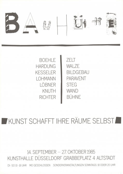 Hilmar Boehle, Marcel Hardung, Thomas Kesseler, Julia Lohmann, Anna Löbner, Robert Knuth, Klaus Richter
Bauhütte
14.9. – 27.10.1985