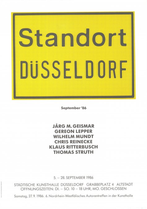 (II) September ’86. Jårg M. Geismar, Gereon Lepper, Wilhelm Mundt, Chris Reinecke, Klaus Ritterbusch, Thomas Struth
Standort Düsseldorf
5.9. – 28.9.1986