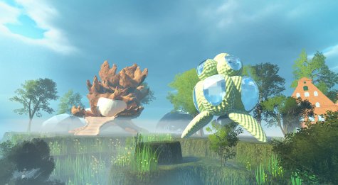 Eine virtuelle Umgebung die zwei futuristische Häuser inmitten eines Waldes zeigt. 