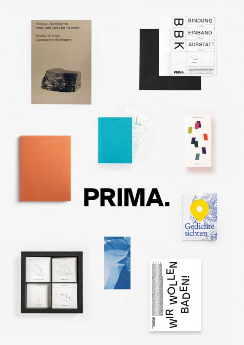 Collage von Buchcovern, "Prima." in der Mitte